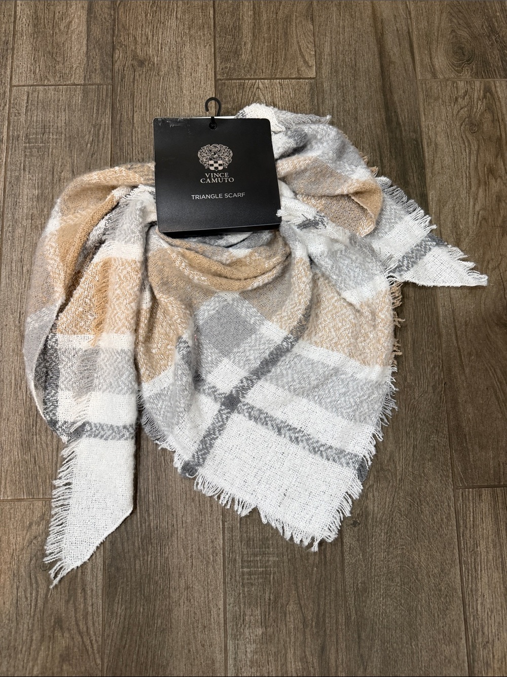 NWT Vince Camuto Neutral Plaid Triangle Scarf in Beige, Gray & White